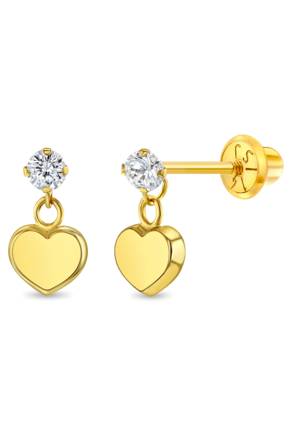 Cercei din Aur 14K pentru Bebelusi si Copii, model Heart Dangle cu Piatra CZ clara, inchidere cu Filet si Protectie
