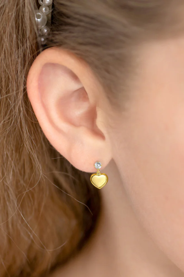Cercei din Aur 14K pentru Bebelusi si Copii, model Heart Dangle cu Piatra CZ clara, inchidere cu Filet si Protectie