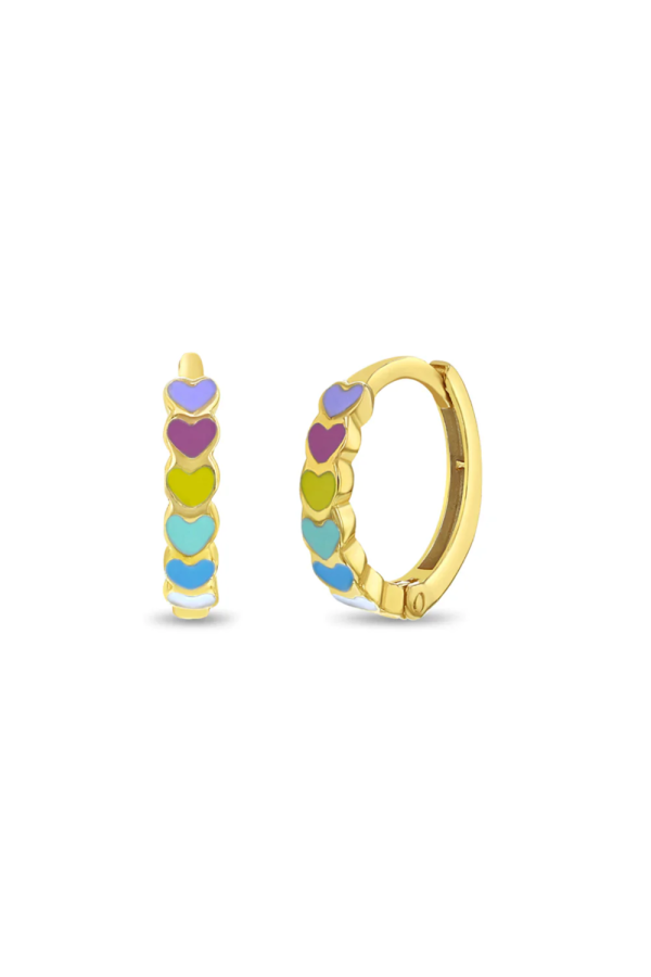 Cercei din Aur 14K pentru Copii si Adolescente, model Cascada Inimioare cu Email Multicolor, inchidere tip Tortita