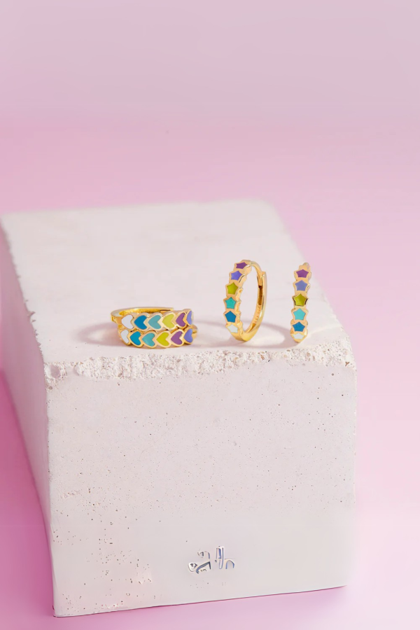 Cercei din Aur 14K pentru Copii si Adolescente, model Cascada Inimioare cu Email Multicolor, inchidere tip Tortita