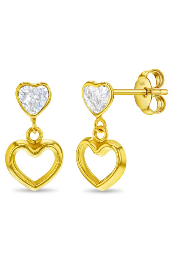 Cercei din Aur 14K pentru Adolescente, model Heart to Heart Dangle cu Piatra CZ clara, inchidere cu Fluturas
