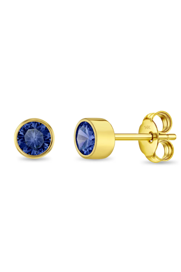 Cercei din Aur 14K pentru Copii, cu Safir – Birthstone luna Septembrie, montura Halo, inchidere cu Fluturas