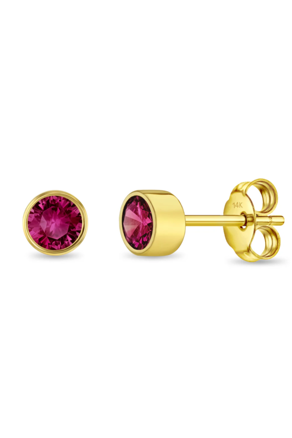 Cercei din Aur 14K pentru Copii, cu Rubin – Birthstone luna Iulie, montura Halo, inchidere cu Fluturas