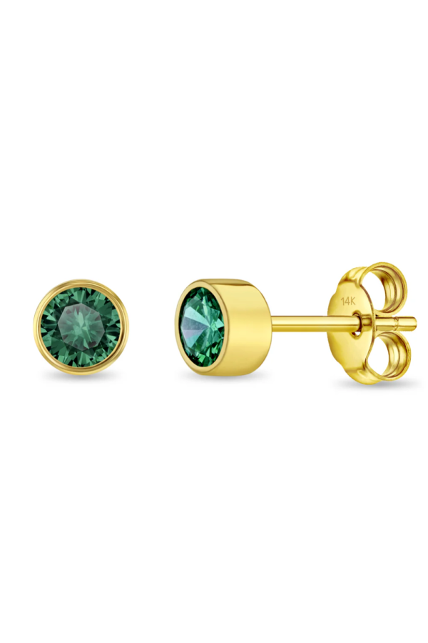 Cercei din Aur 14K pentru Copii, cu Smarald – Birthstone luna Mai, montura Halo, inchidere cu Fluturas