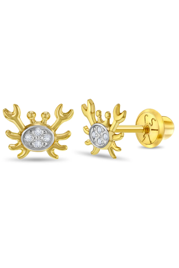 Cercei din Aur 14K in doua culori pentru Bebelusi si Copii, model Crab Curios cu Pietre CZ clare, inchidere cu Filet si Protectie