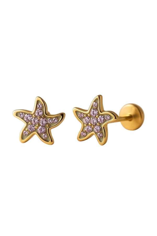 Cercei din Aur 14K pentru Copii, in forma de Stea cu Pietre Mov CZ – Inchidere cu Filet si Protectie