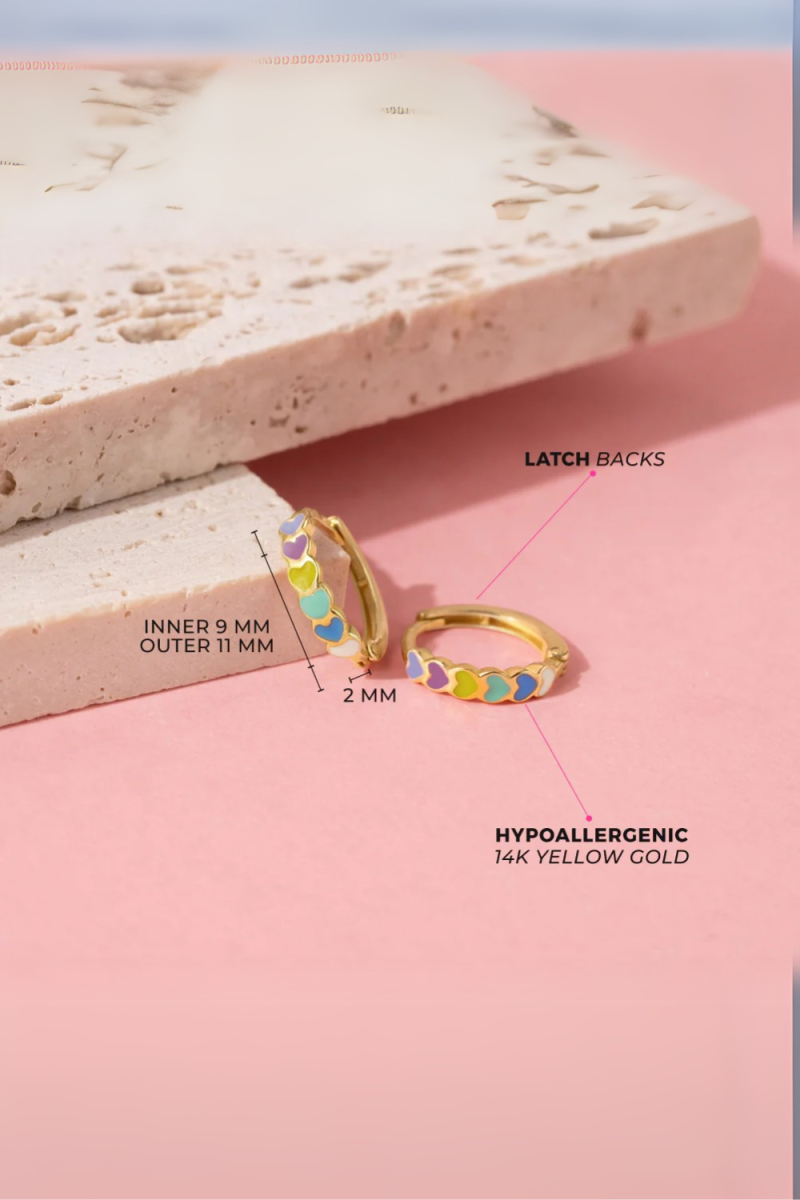 Cercei din Aur 14K pentru Copii si Adolescente, model Cascada Inimioare cu Email Multicolor, inchidere tip Tortita