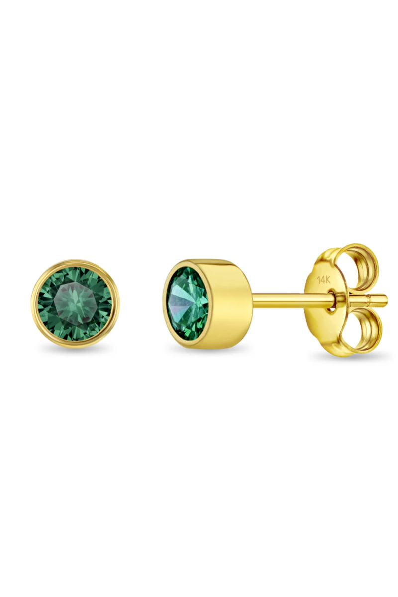 Cercei din Aur 14K pentru Copii, cu Smarald – Birthstone luna Mai, montura Halo, inchidere cu Fluturas