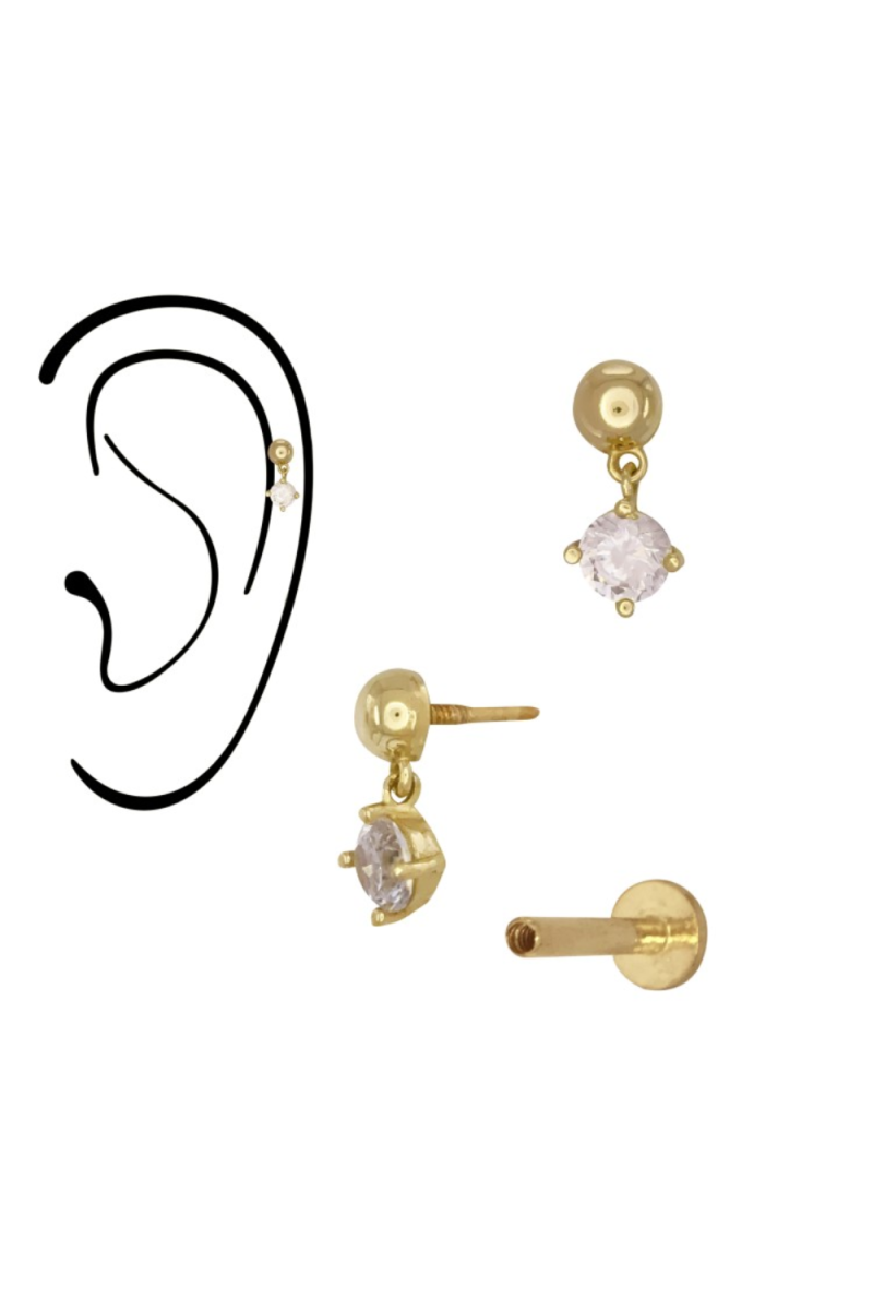 Piercing Labret din Aur 14K, model Bila Semisfera 3mm si Charm Mobil cu Piatra CZ 3mm, prindere Filet si Spate Plat