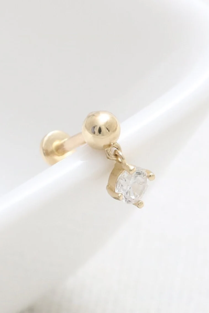 Piercing Labret din Aur 14K, model Bila Semisfera 3mm si Charm Mobil cu Piatra CZ 3mm, prindere Filet si Spate Plat