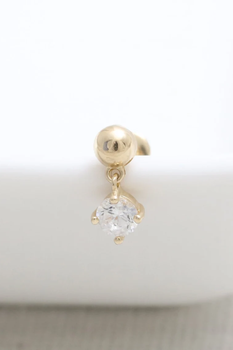 Piercing Labret din Aur 14K, model Bila Semisfera 3mm si Charm Mobil cu Piatra CZ 3mm, prindere Filet si Spate Plat