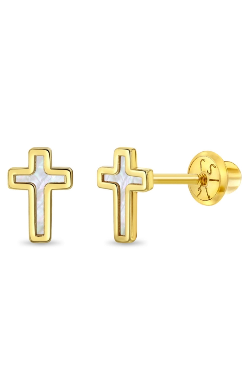 Cercei din Aur 14k cu Cruciulita, sidef de perla pentru Fetite, cu  Inchidere Sigura cu Surub